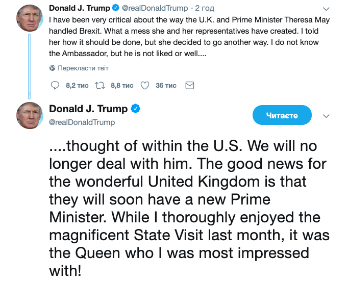 США больше не будут иметь дело с послом Великобритании, - Трамп